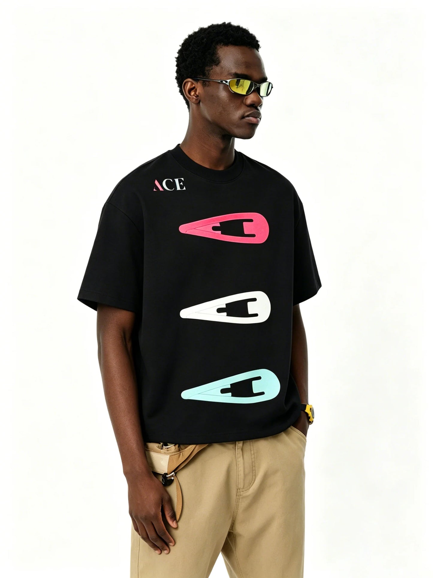 ACE Multicolour Hair Clip 3D Puff Print Oversize Unisex Cotton Tee